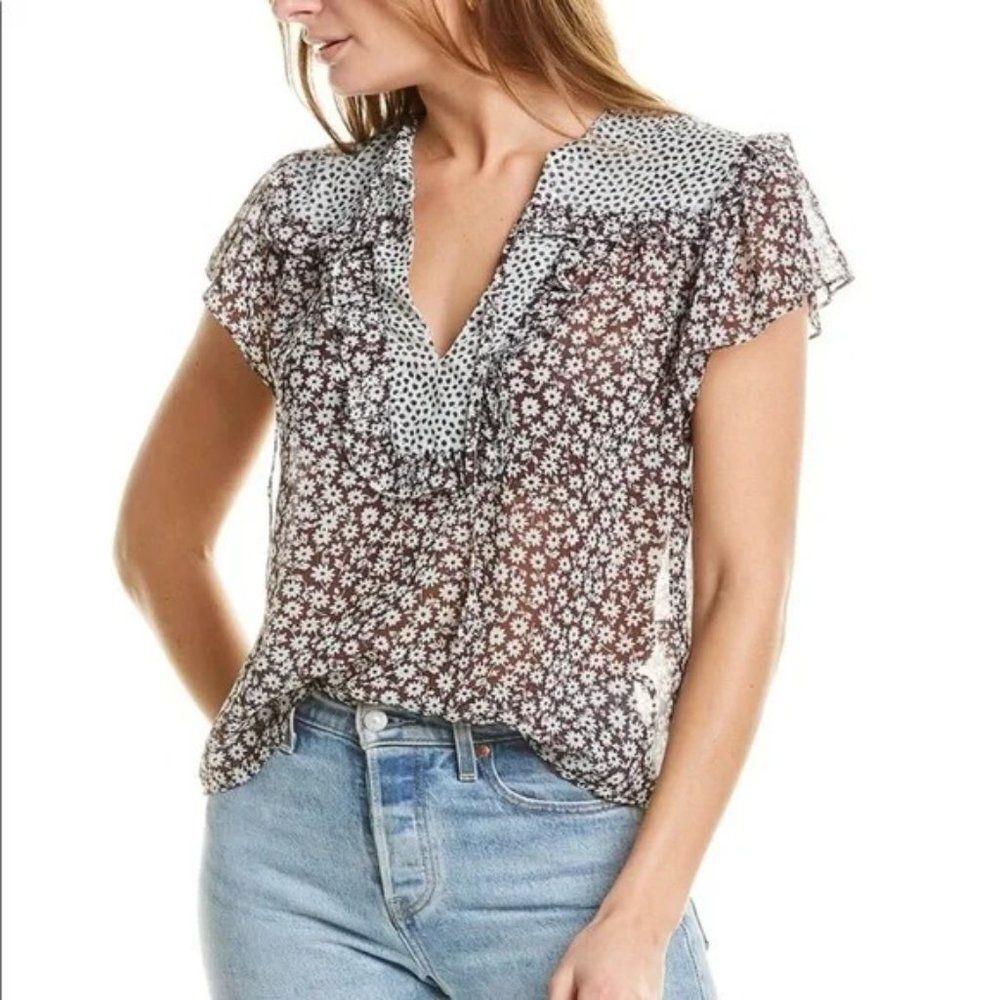 Sabina Musayev Roselyn Top Semi Sheer Romantic Floral Contrast Short Sleeve Sz S